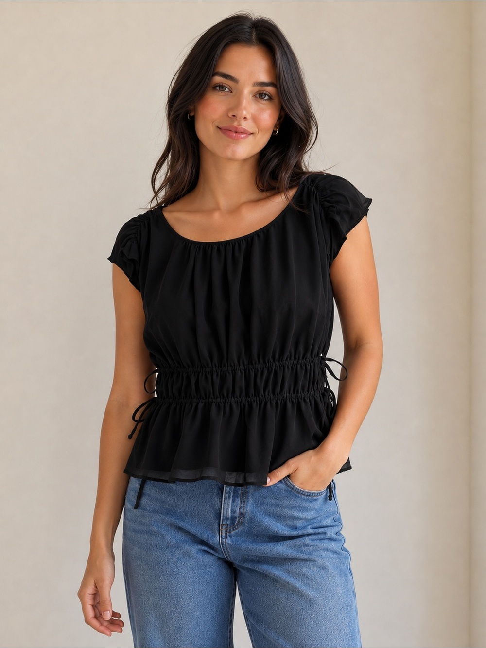 Banana Republic Black Smocked Waist Short Sleeve Blouse